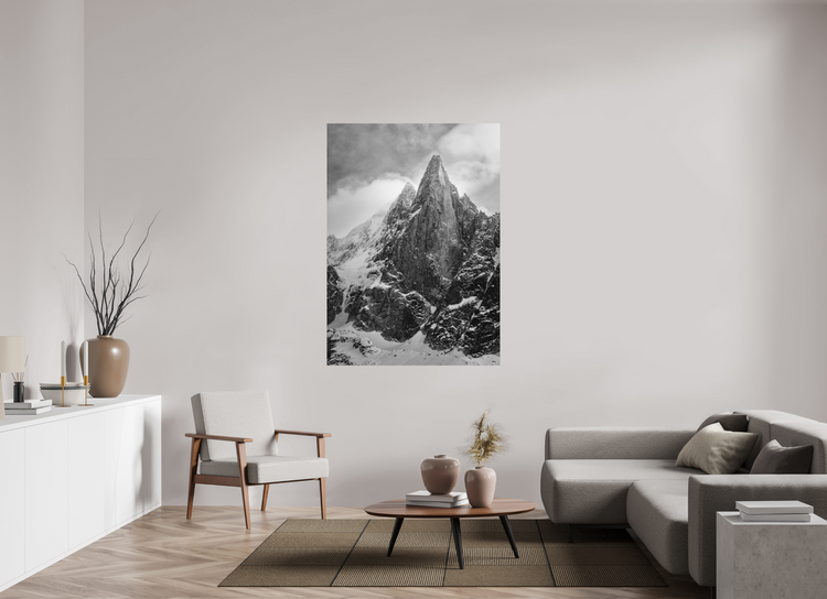 Photograph of les drus in the mont blanc massif, printed and mounted on aluminium and shown hanging on a living room wall