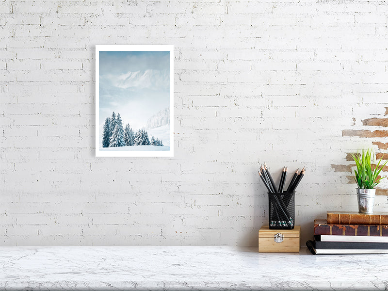 Snow laden trees with a background of snowy mountains in mist