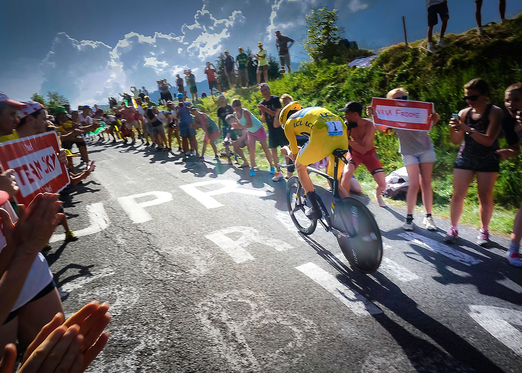 This sports photograph captures Chris Froome at his unstoppable best during the Megeve time trial of the 2018 Tour de France