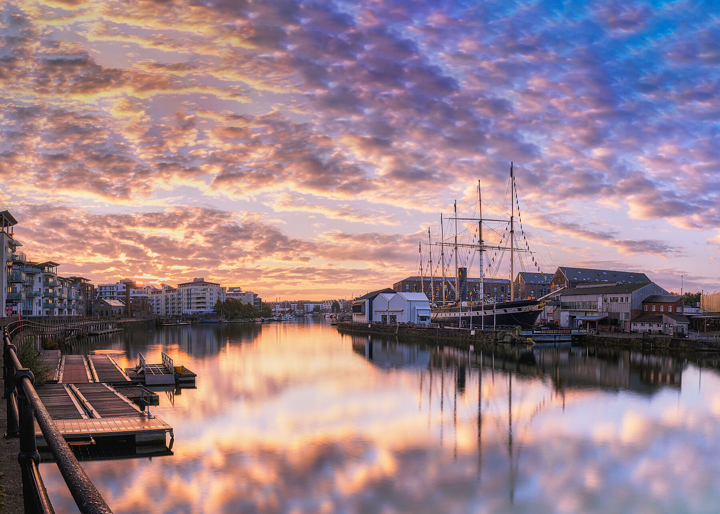 A stunning sunset photograph of Bristol harbour side and Brunel’s iconic ship the SS Great Britain.