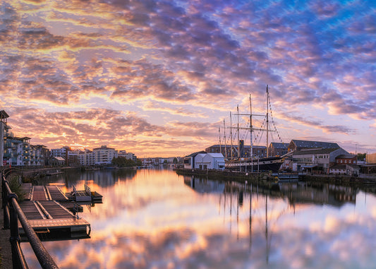 A stunning sunset photograph of Bristol harbour side and Brunel’s iconic ship the SS Great Britain.