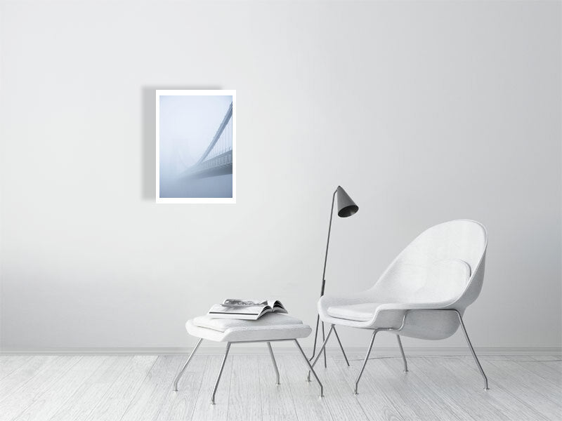 Print of Clifton Suspension Bridge in Bristol just visible through thick fog pictured on a brick wall