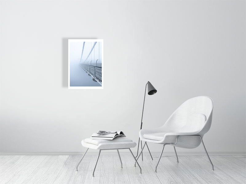 Print of Clifton suspension bridge in mist shown against a brick wall