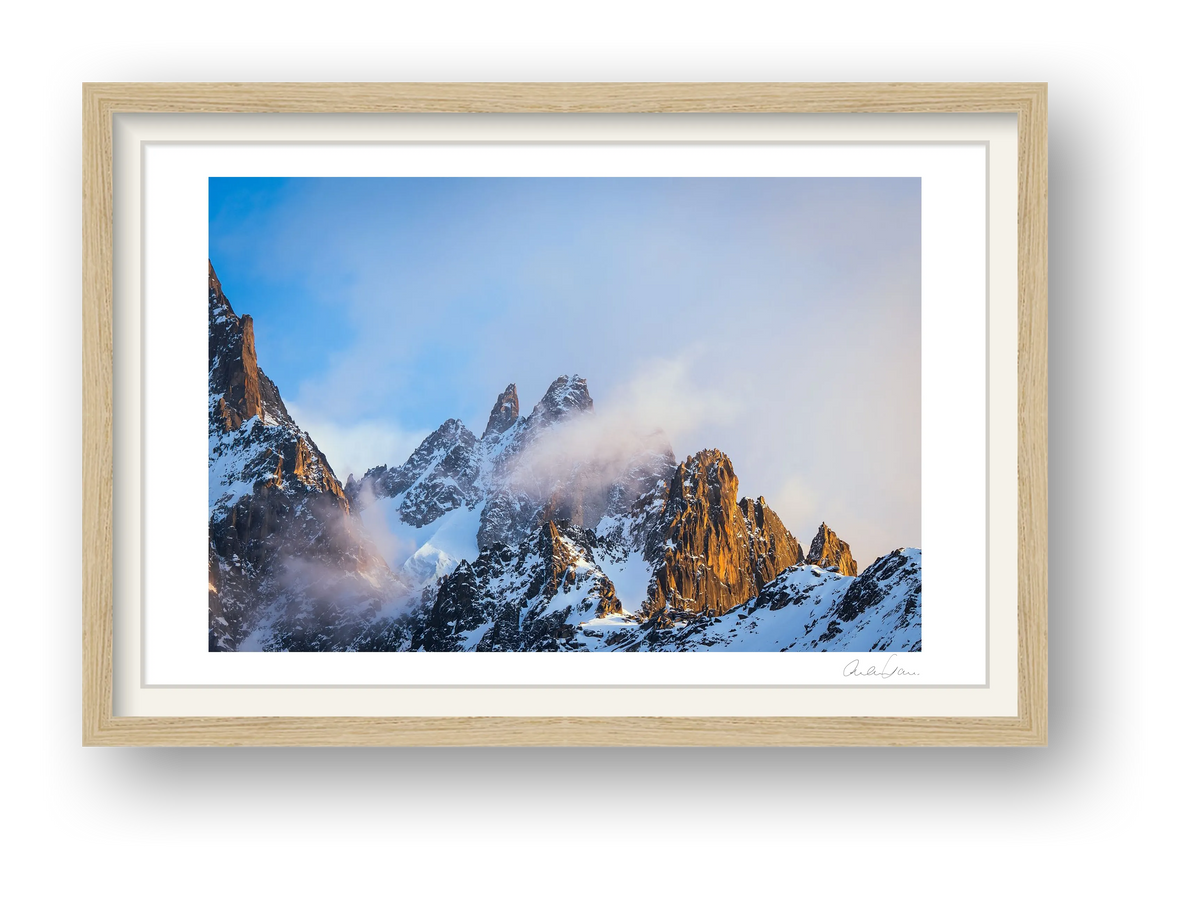 Morning Sunlight on the Chamonix Aiguiles — framed