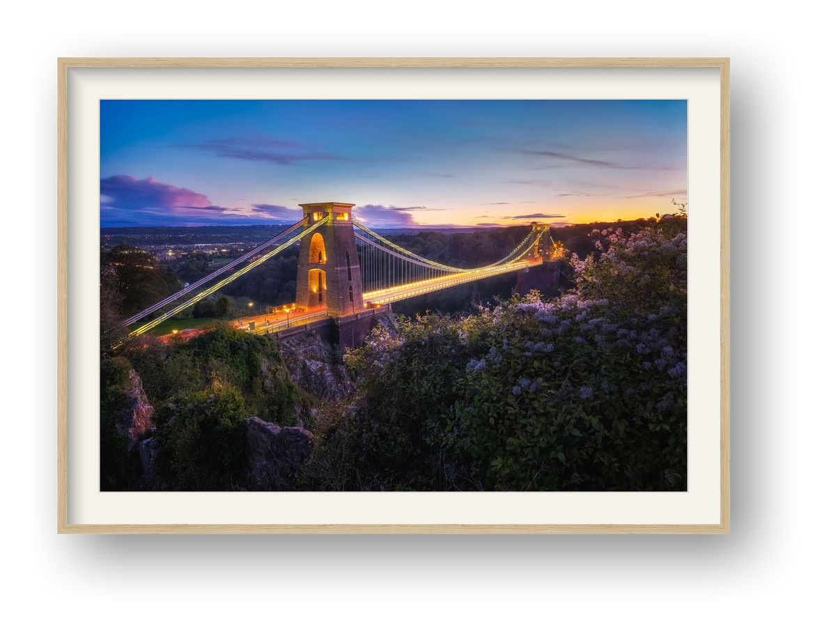 Sunset illuminations, Clifton Suspension Bridge, Bristol — framed