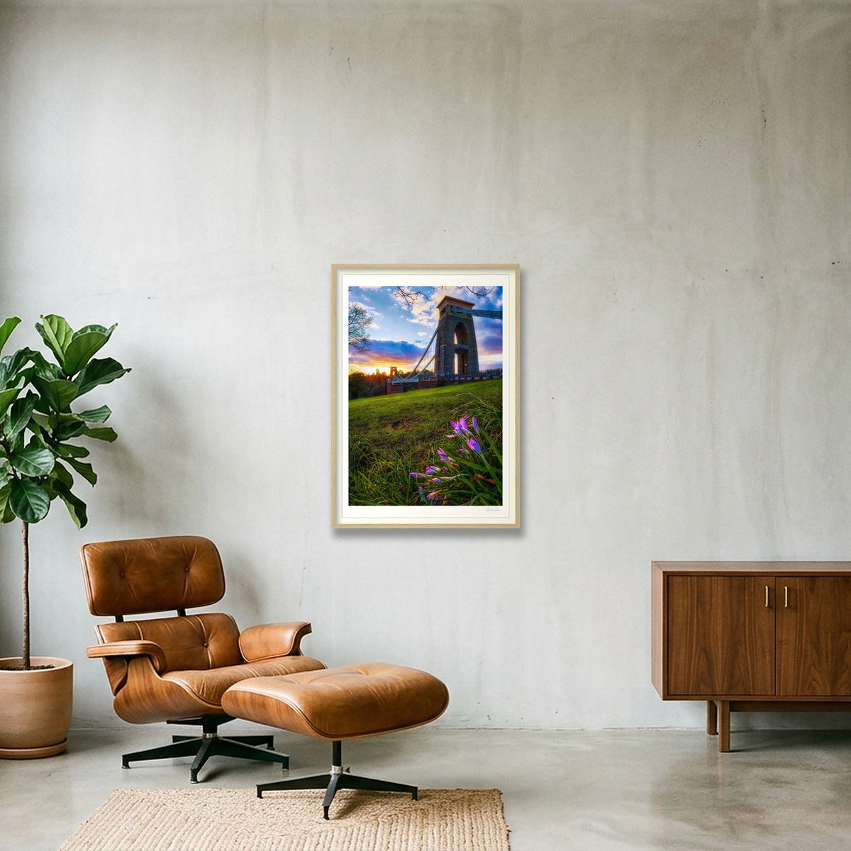 A lone crocus and the Clifton Bridge at sunset — 59×84cm Oak Frame