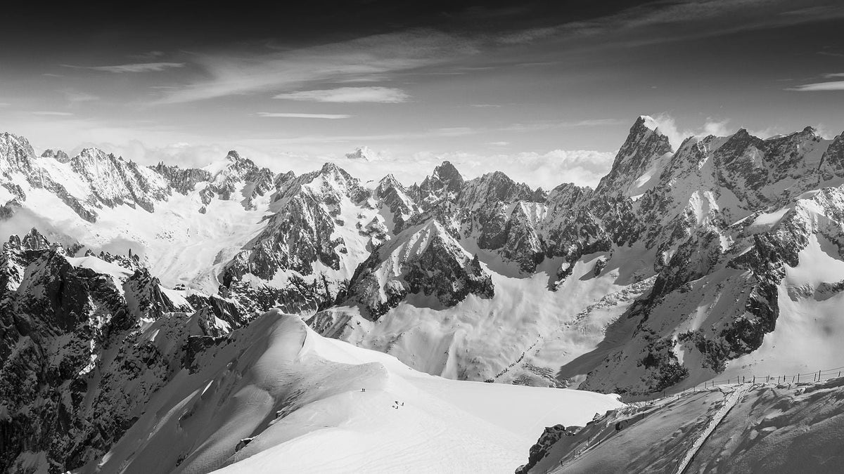 Black-and-white view of the Mont Blanc Massif above Chamonix, High Mountain Peaks photograph