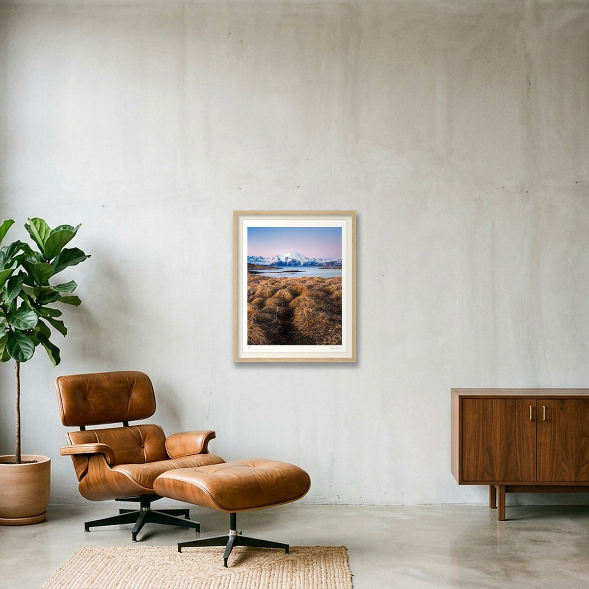 Snow Covers Mountains at Sunset, Norway — 40×50cm Oak Frame