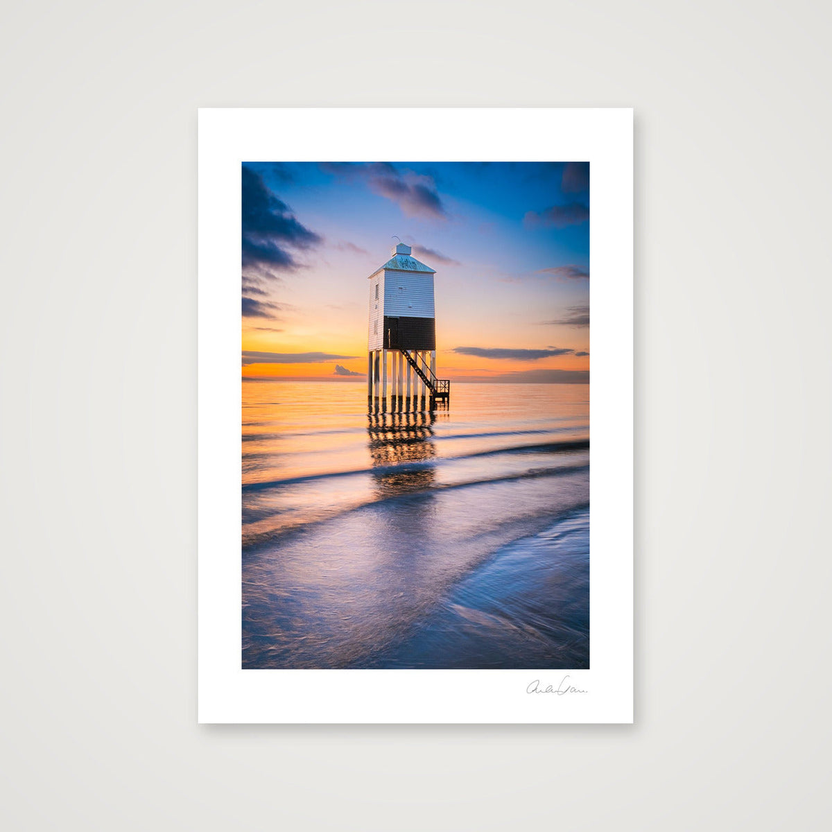 High Tide and sunset at Burnham Low Lighthouse — A4 (21×30cm) Print only