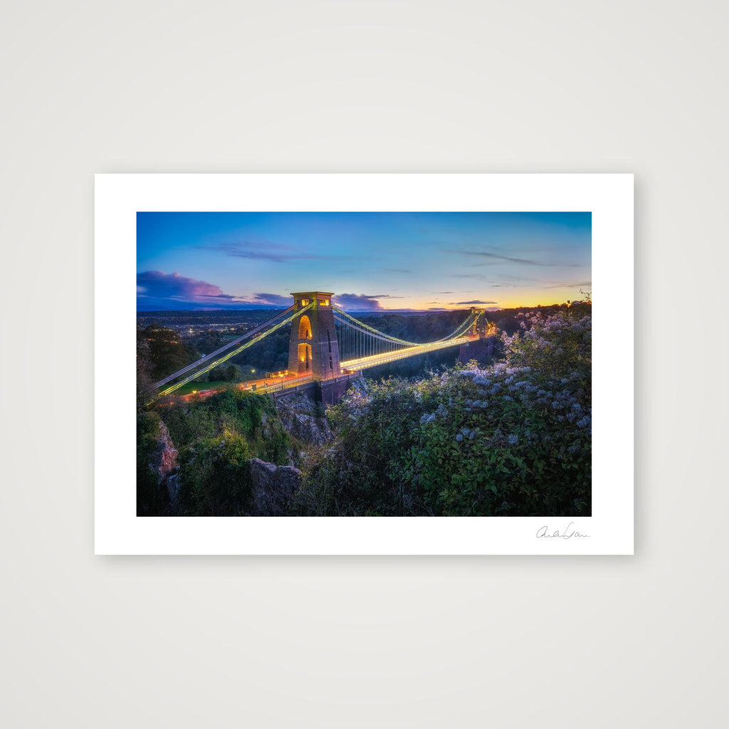 Lights on and the sunset glow, Clifton Suspension Bridge, Bristol — A4 (30×21cm) Print only