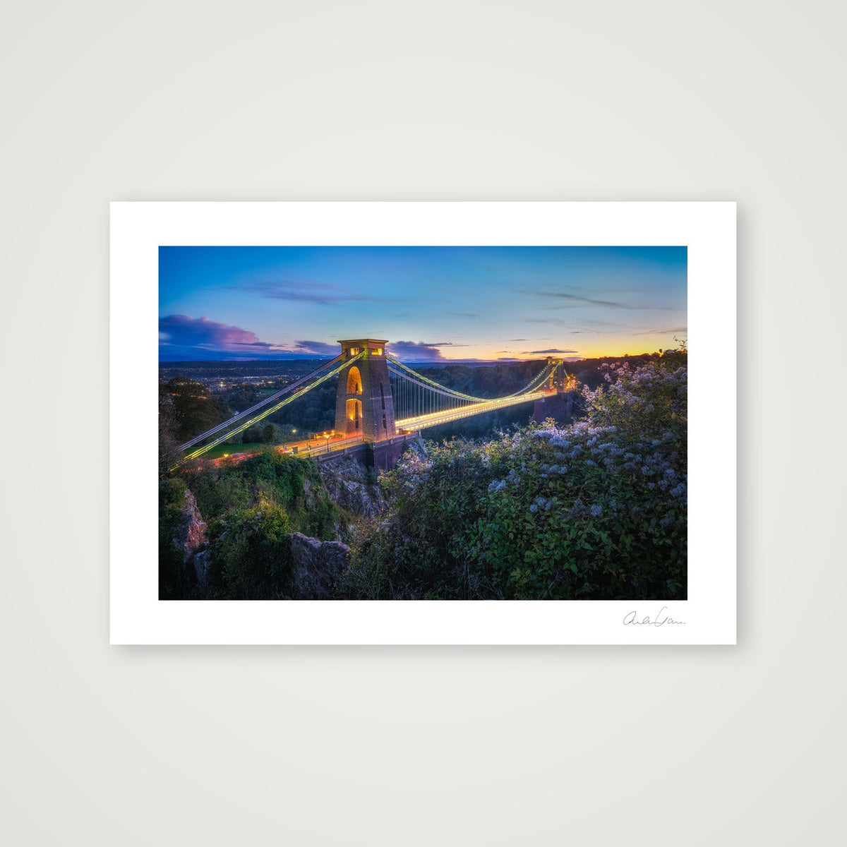 Lights on and the sunset glow, Clifton Suspension Bridge, Bristol — A4 (30×21cm) Print only