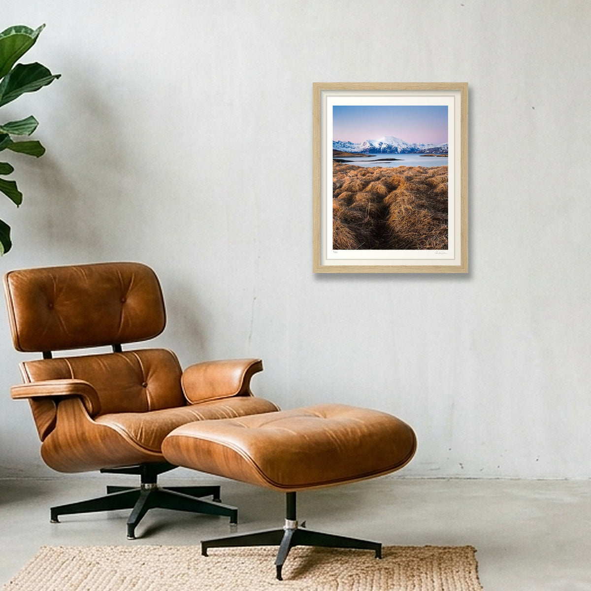 Snow Covers Mountains at Sunset, Norway — 28×35cm Oak Frame