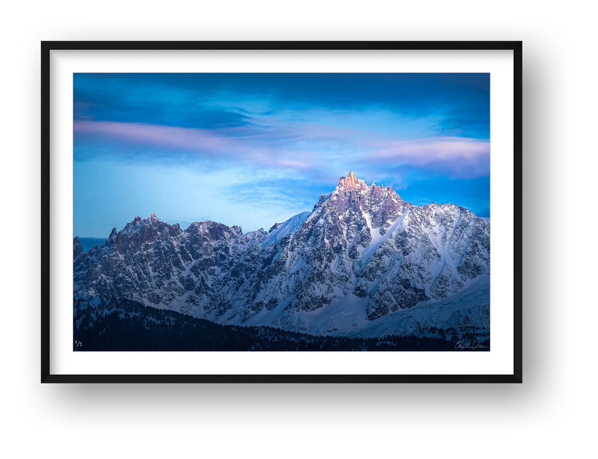 Sunset at the Auguille du Midi, Chamonix — framed
