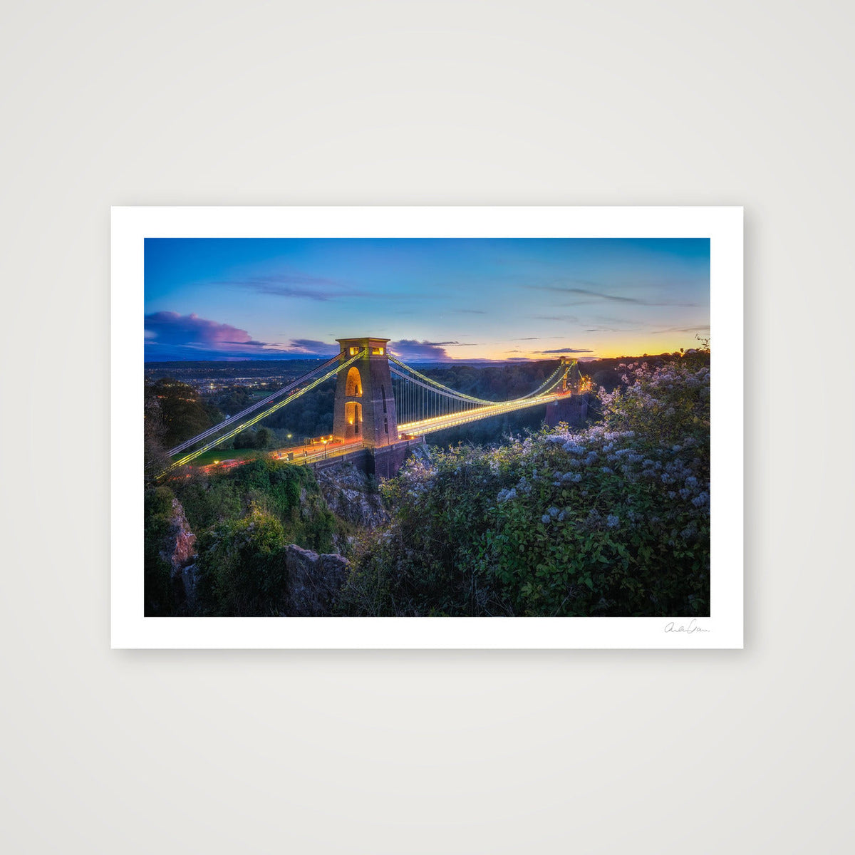 Lights on and the sunset glow, Clifton Suspension Bridge, Bristol — 100×70cm Print only