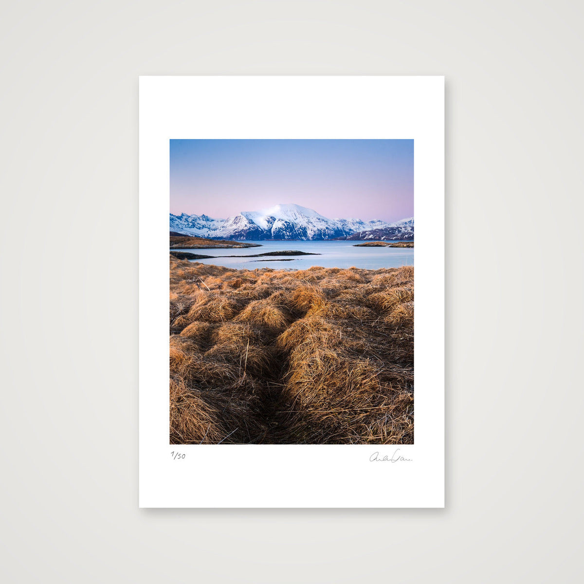 Snow Covers Mountains at Sunset, Norway — A4 (21×30cm) Print only