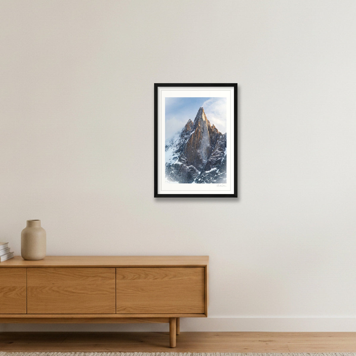 Sunlight Lights up the Dru, Mont Blanc Massif — 42×59cm Black Frame