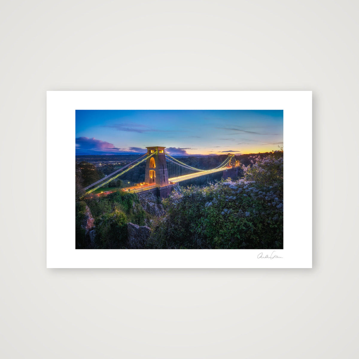 Lights on and the sunset glow, Clifton Suspension Bridge, Bristol — 45×30cm Print only