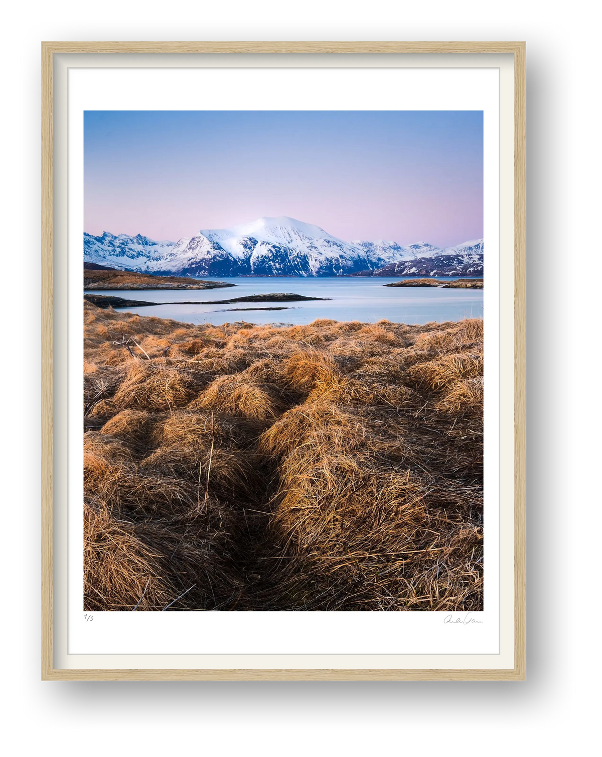 Snow Covers Mountains at Sunset, Norway — framed