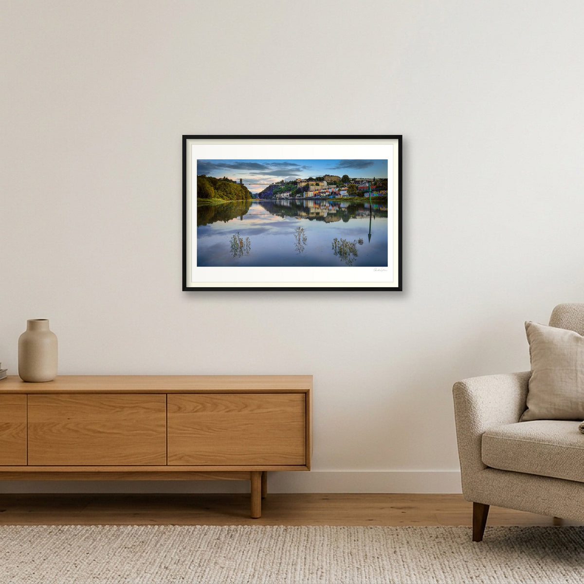 High Tide and Sunset Under Clifton Suspension Bridge — 100×70cm Black Frame