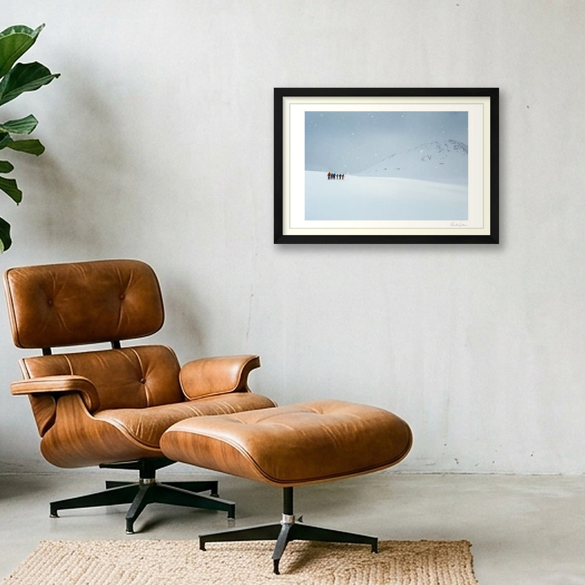 Ski Tourers battle the fall of winter: Snow Flurries on high — 45×30cm Black Frame