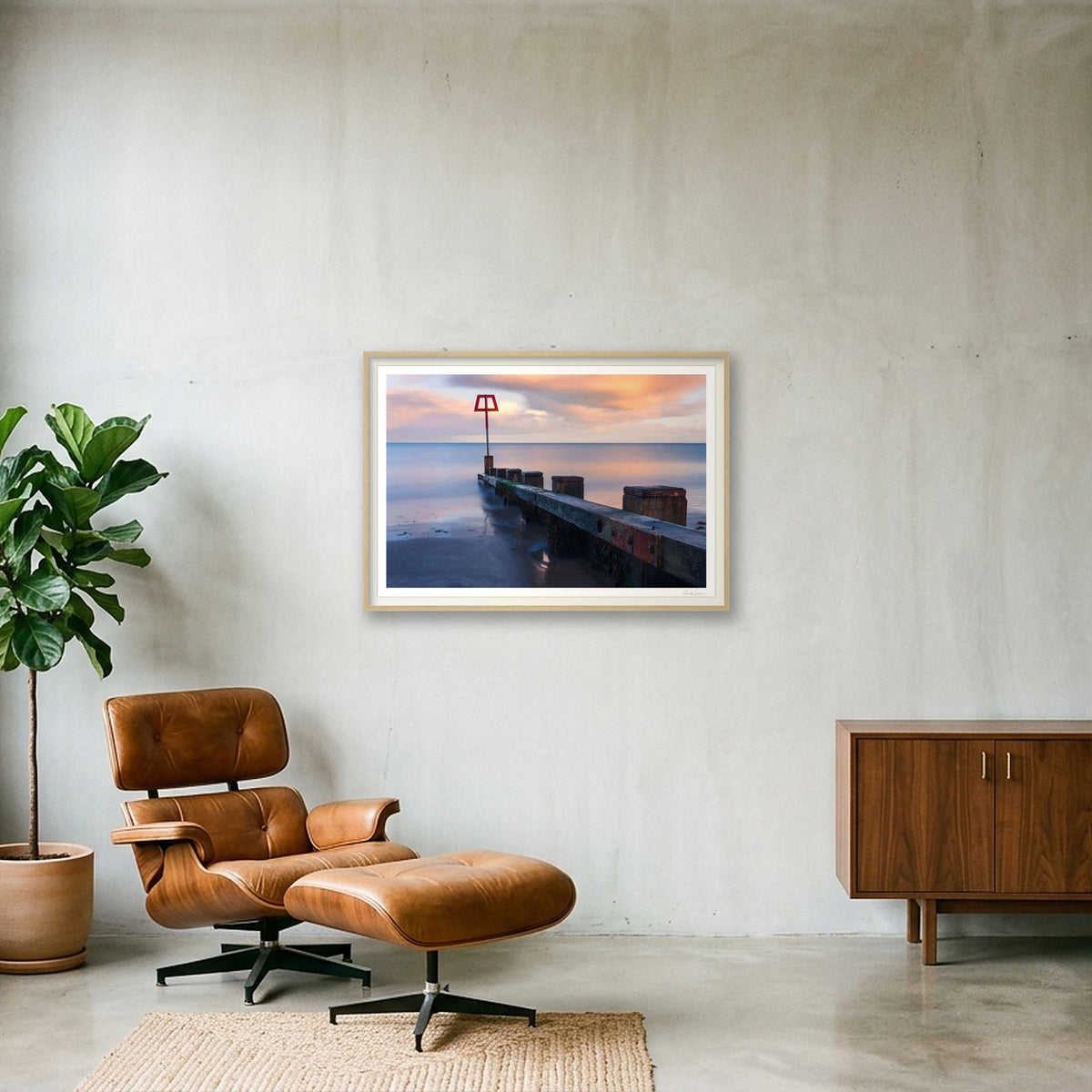 Coastal Groin at Sunset — 100×70cm Oak Frame