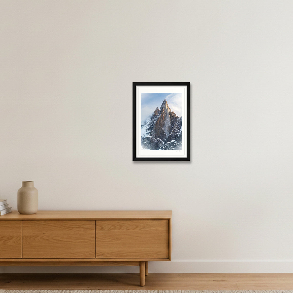 Sunlight Lights up the Dru, Mont Blanc Massif — A3 (30×42cm) Black Frame