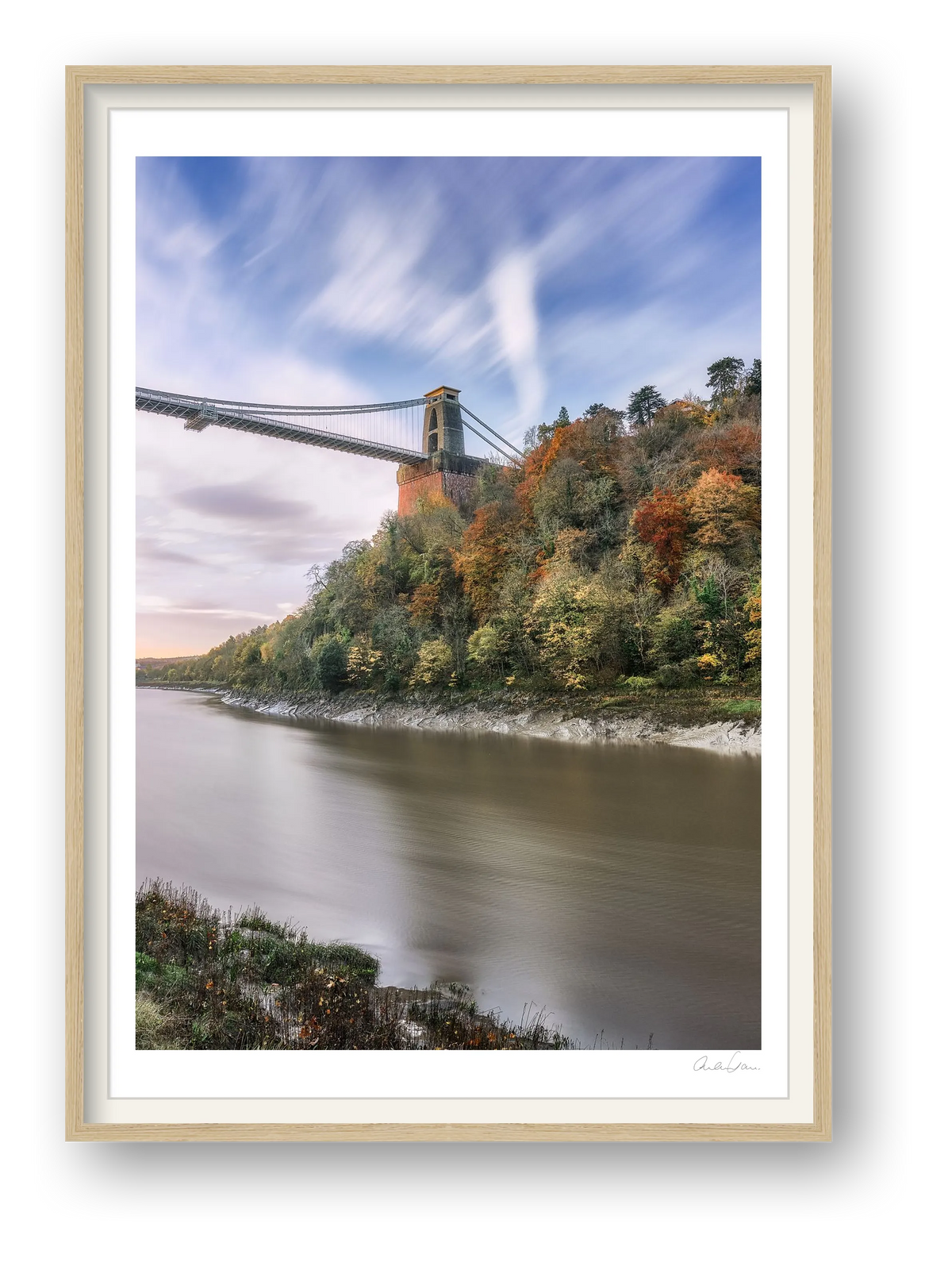 Colourful trees under Clifton Suspension Bridge, Bristol — framed