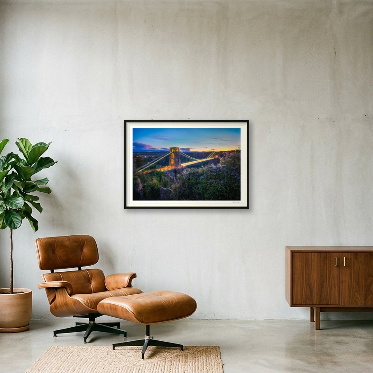 Lights on and the sunset glow, Clifton Suspension Bridge, Bristol — 100×70cm Black Frame