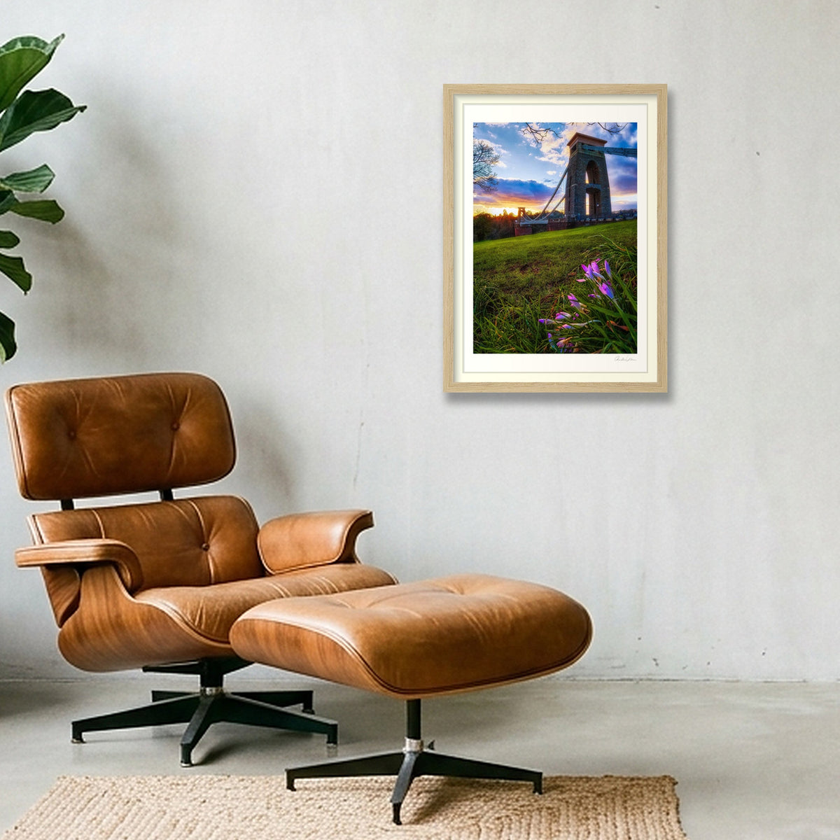 A lone crocus and the Clifton Bridge at sunset — A3 (30×42cm) Oak Frame