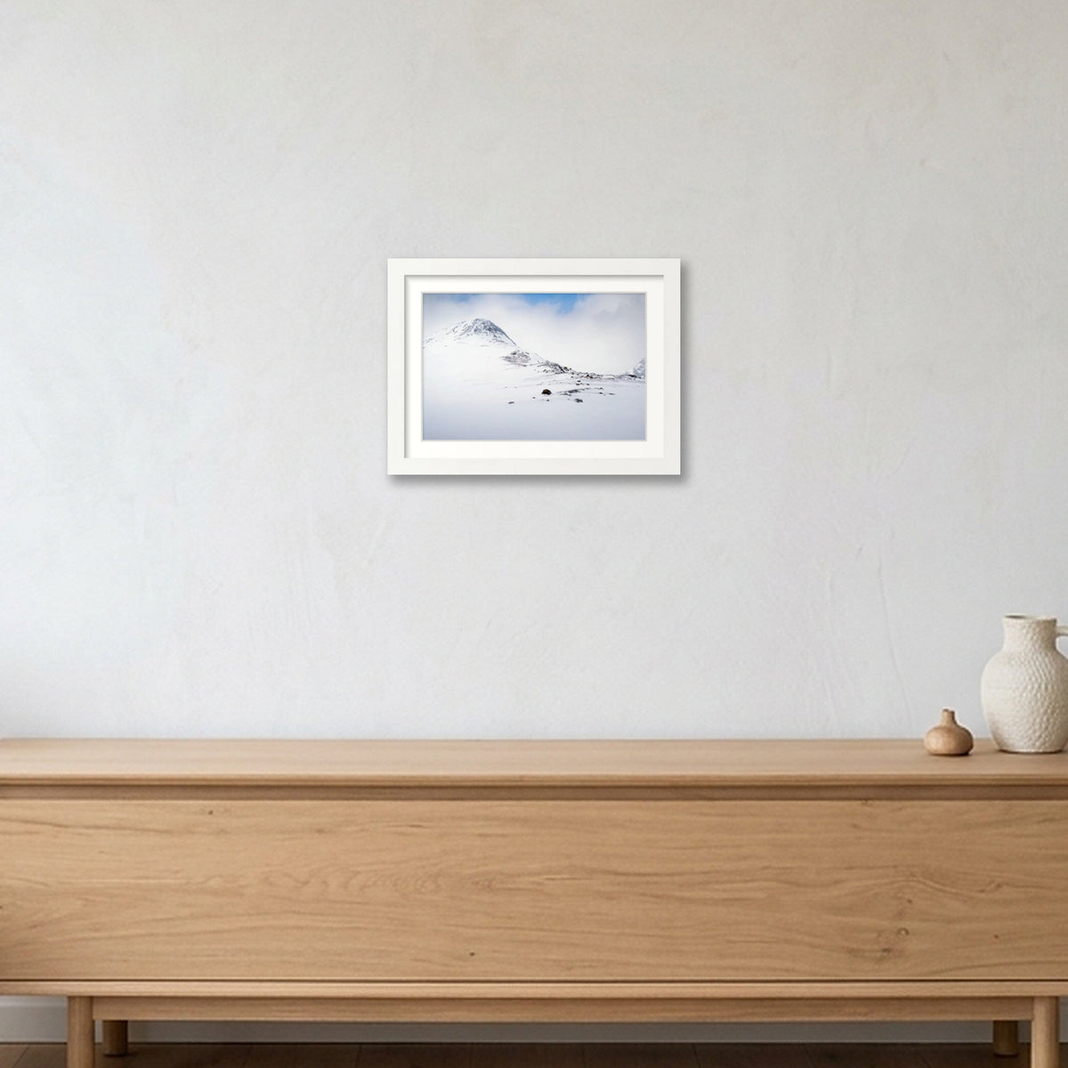 Unknown peak, Kvaløya Norway; Breadcrumbs — A4 (30×21cm) White Frame