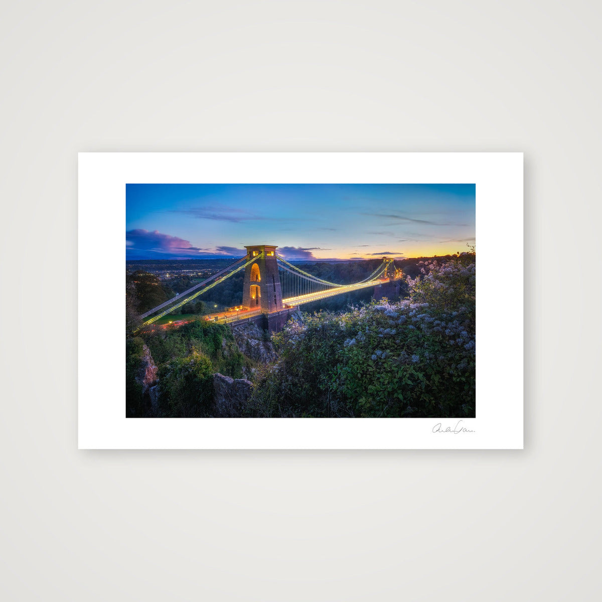 Lights on and the sunset glow, Clifton Suspension Bridge, Bristol — 60×40cm Print only