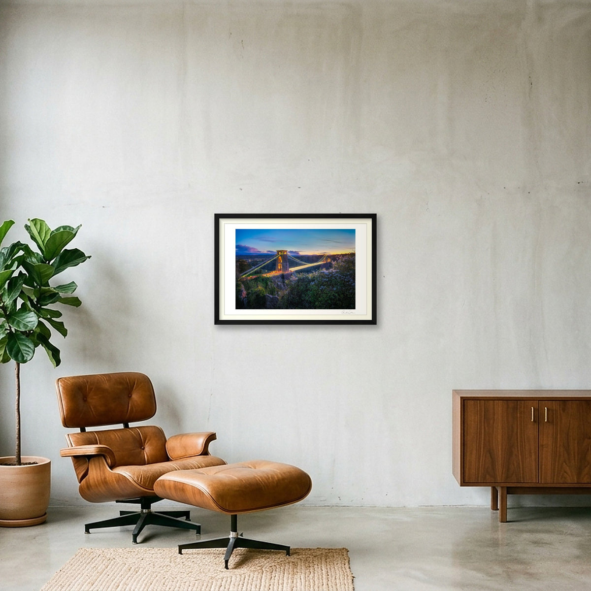 Lights on and the sunset glow, Clifton Suspension Bridge, Bristol — 60×40cm Black Frame
