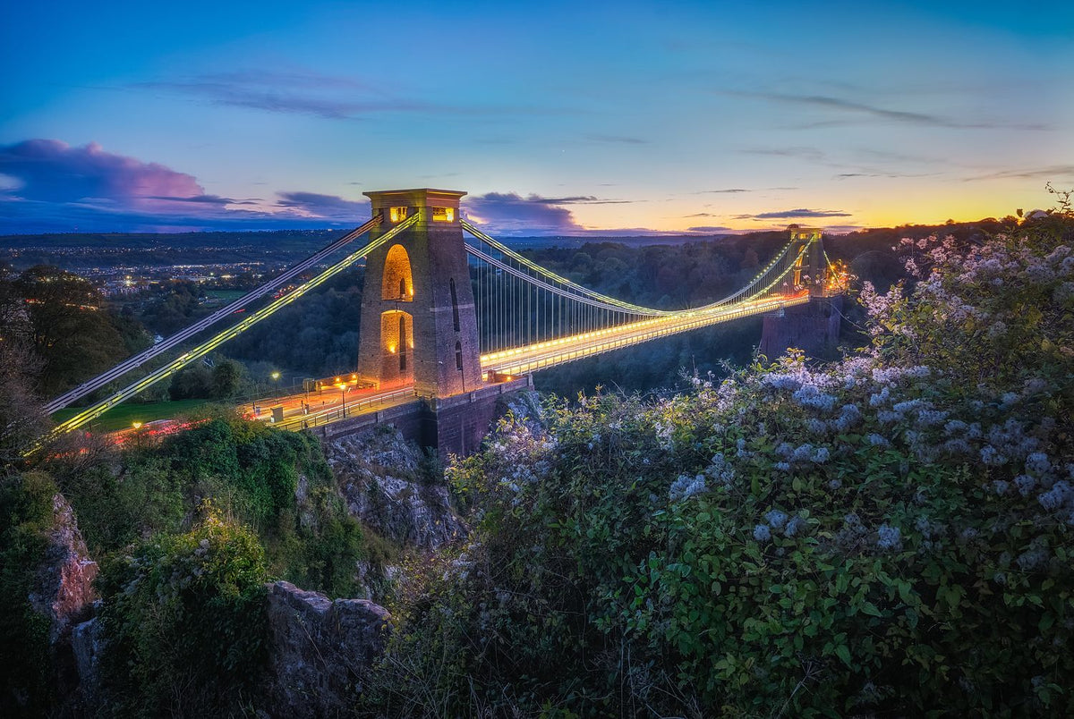 Lights on and the sunset glow, Clifton Suspension Bridge, Bristol