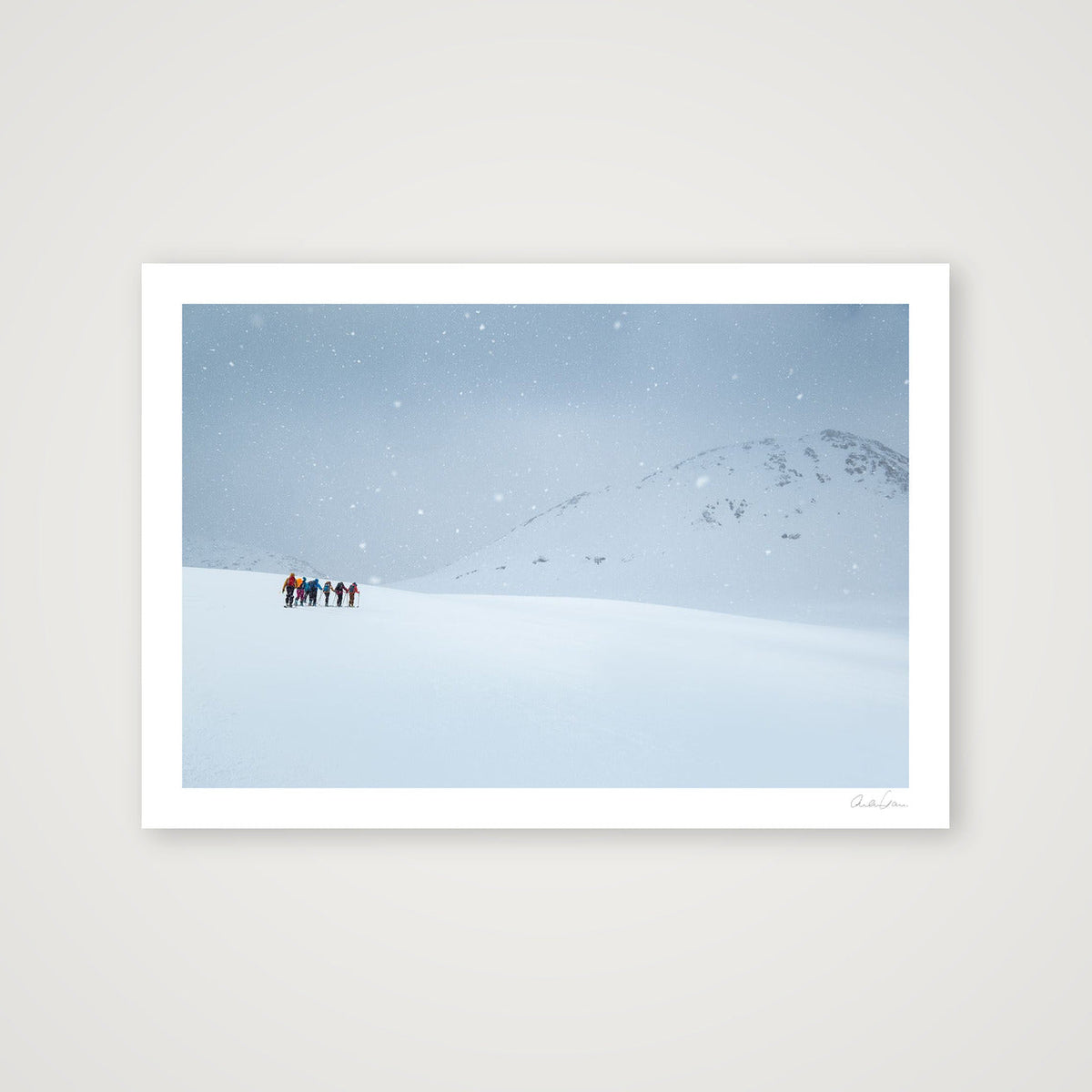 Ski Tourers battle the fall of winter: Snow Flurries on high — 100×70cm Print only