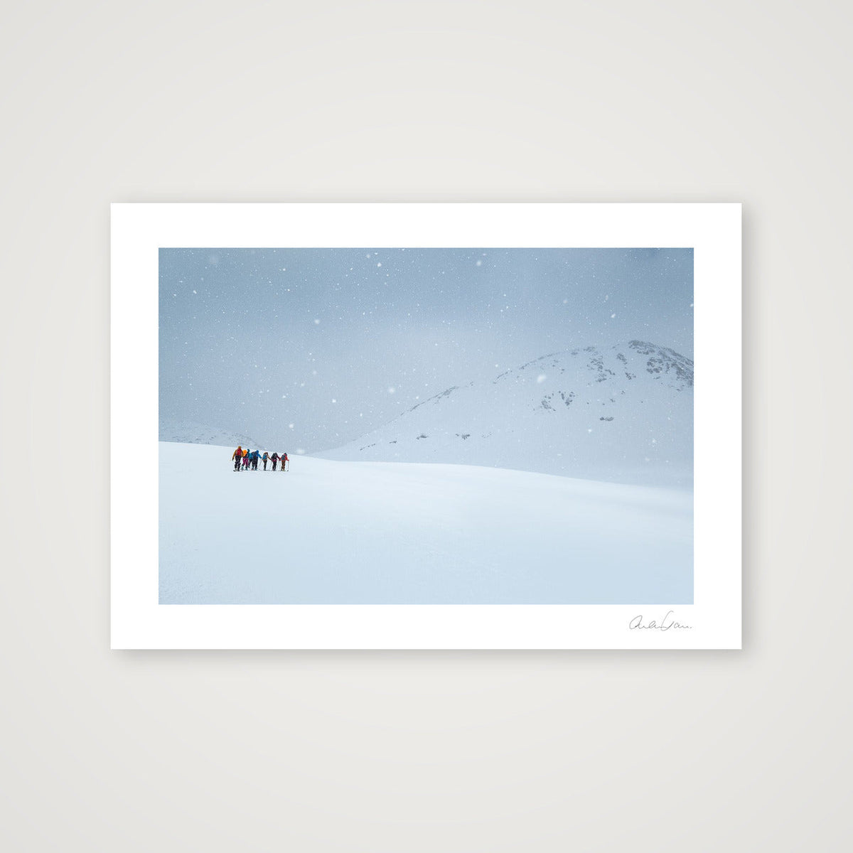 Ski Tourers battle the fall of winter: Snow Flurries on high — A4 (30×21cm) Print only