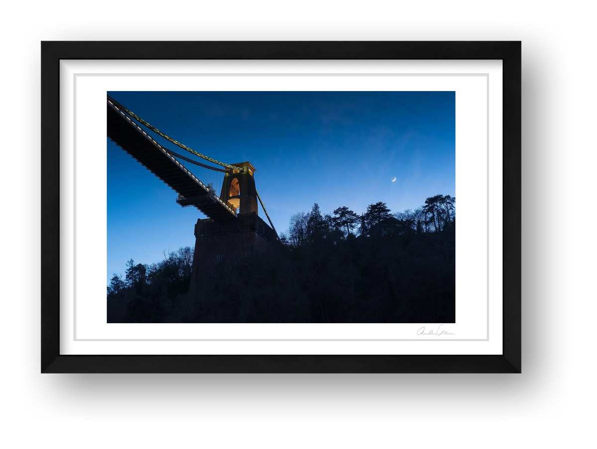 The moon above Clifton Suspension Bridge — framed