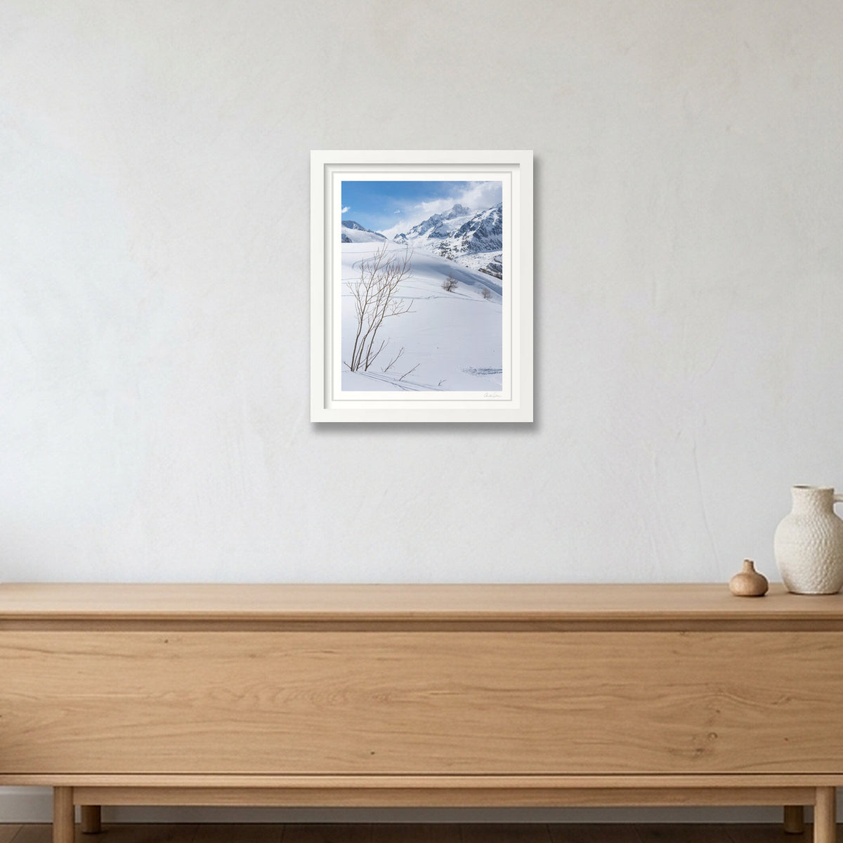 Pristine snow on the mountains, Courmayeur — 28×35cm White Frame