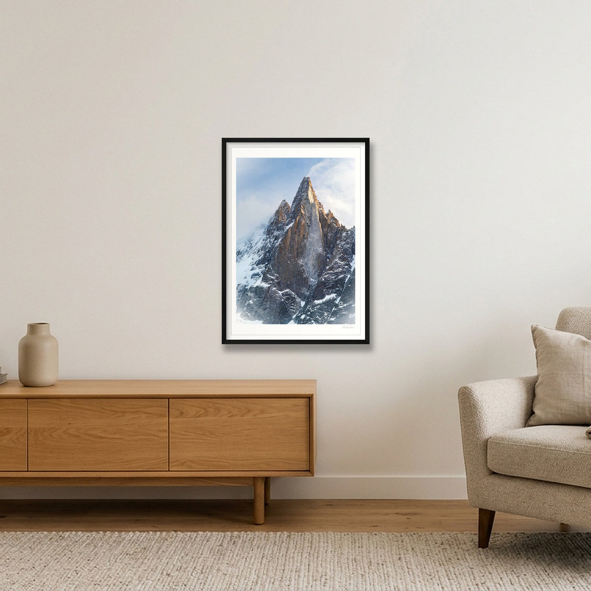 Sunlight Lights up the Dru, Mont Blanc Massif — 59×84cm Black Frame