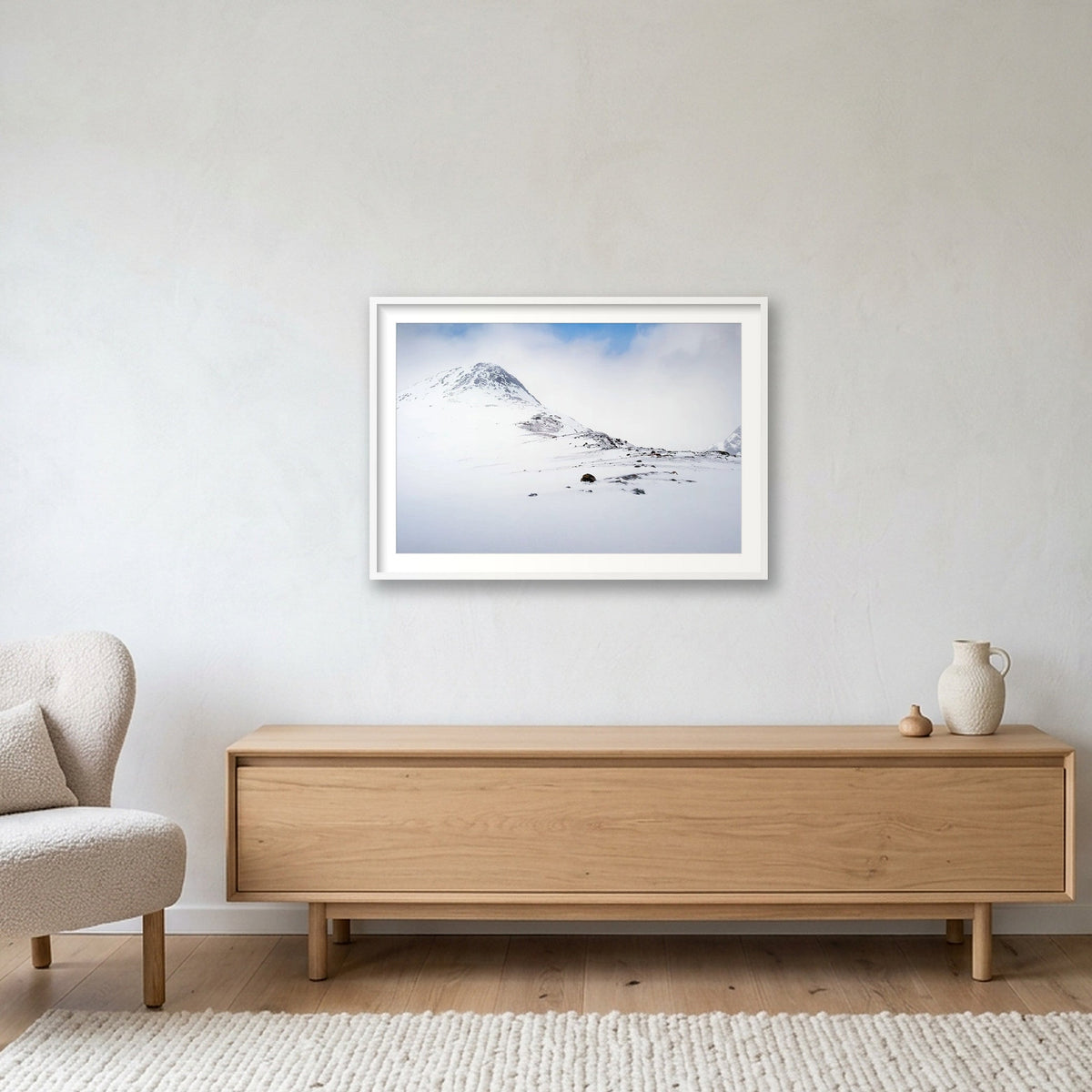 Unknown peak, Kvaløya Norway; Breadcrumbs — 100×70cm White Frame