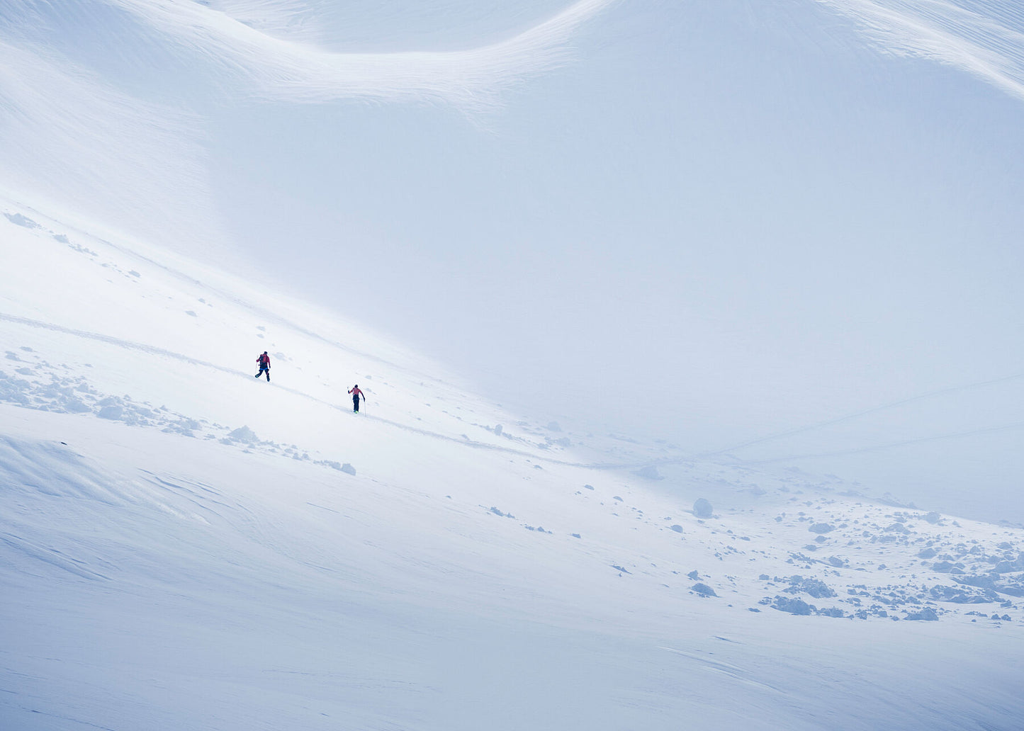 High resolution photograph of Ski tourers near Chamonix Mont Blanc travel across a slope in the backcountry