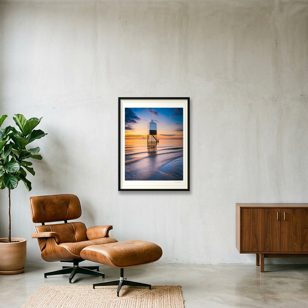 High Tide and sunset at Burnham Low Lighthouse — 60×80cm Black Frame