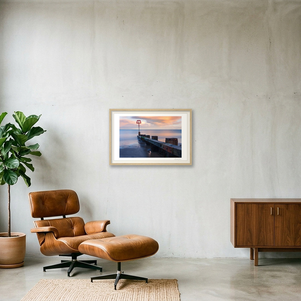 Coastal Groin at Sunset — 60×40cm Oak Frame