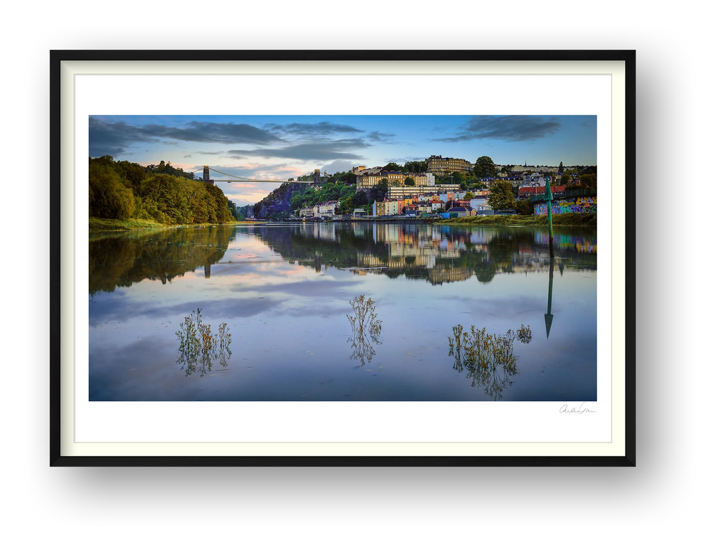 High Tide and Sunset Under Clifton Suspension Bridge — framed