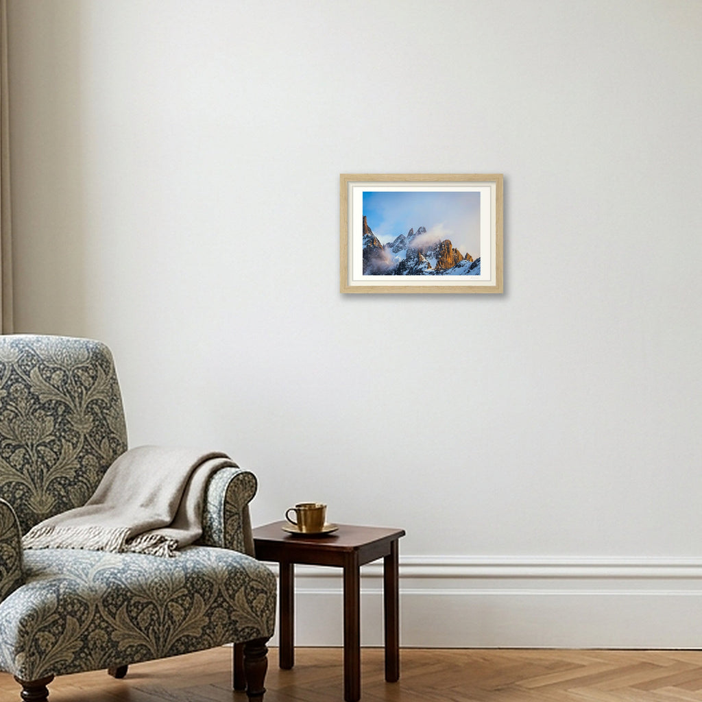 Morning Sunlight on the Chamonix Aiguiles — A4 (30×21cm) Oak Frame