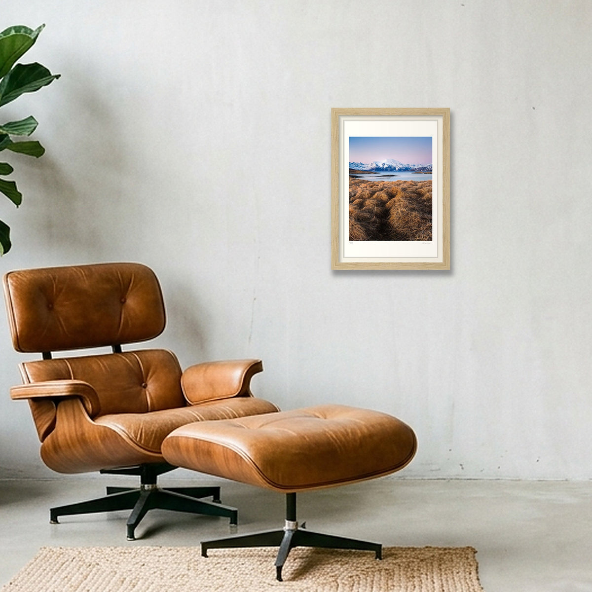 Snow Covers Mountains at Sunset, Norway — A4 (21×30cm) Oak Frame