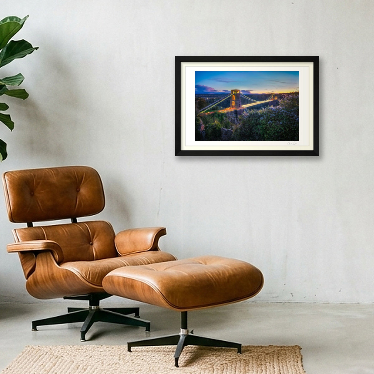 Lights on and the sunset glow, Clifton Suspension Bridge, Bristol — 45×30cm Black Frame