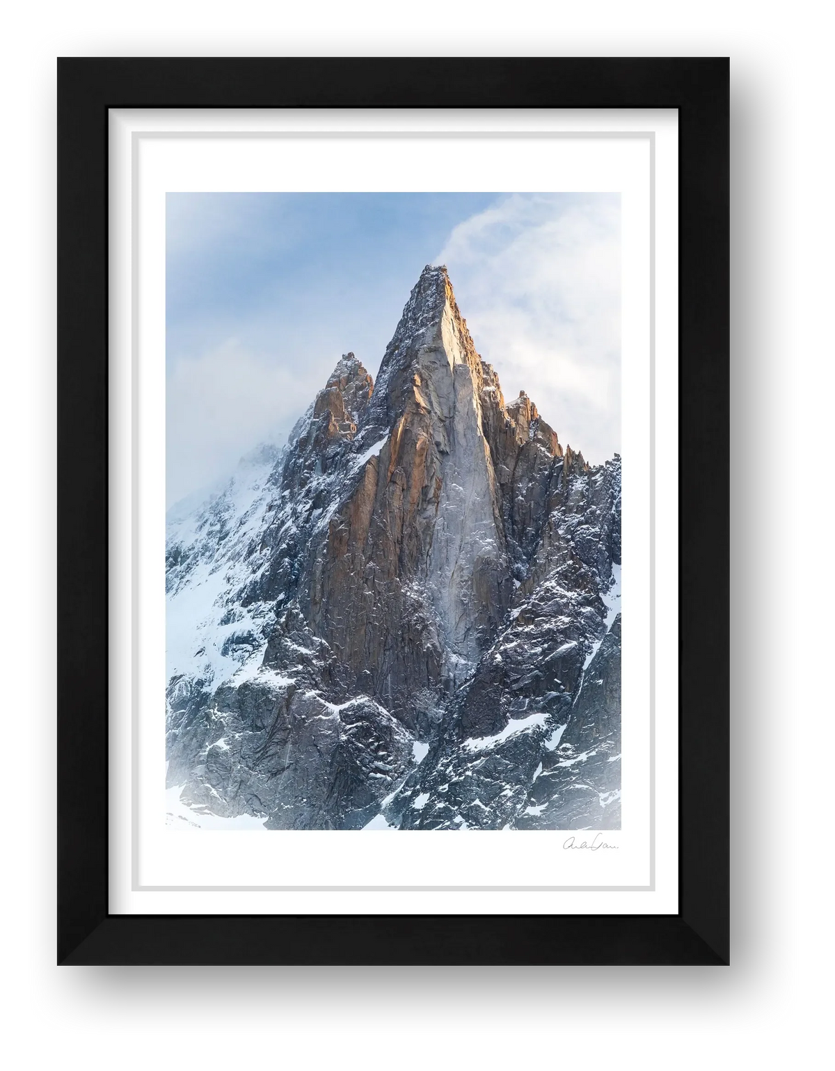 Sunlight Lights up the Dru, Mont Blanc Massif — framed