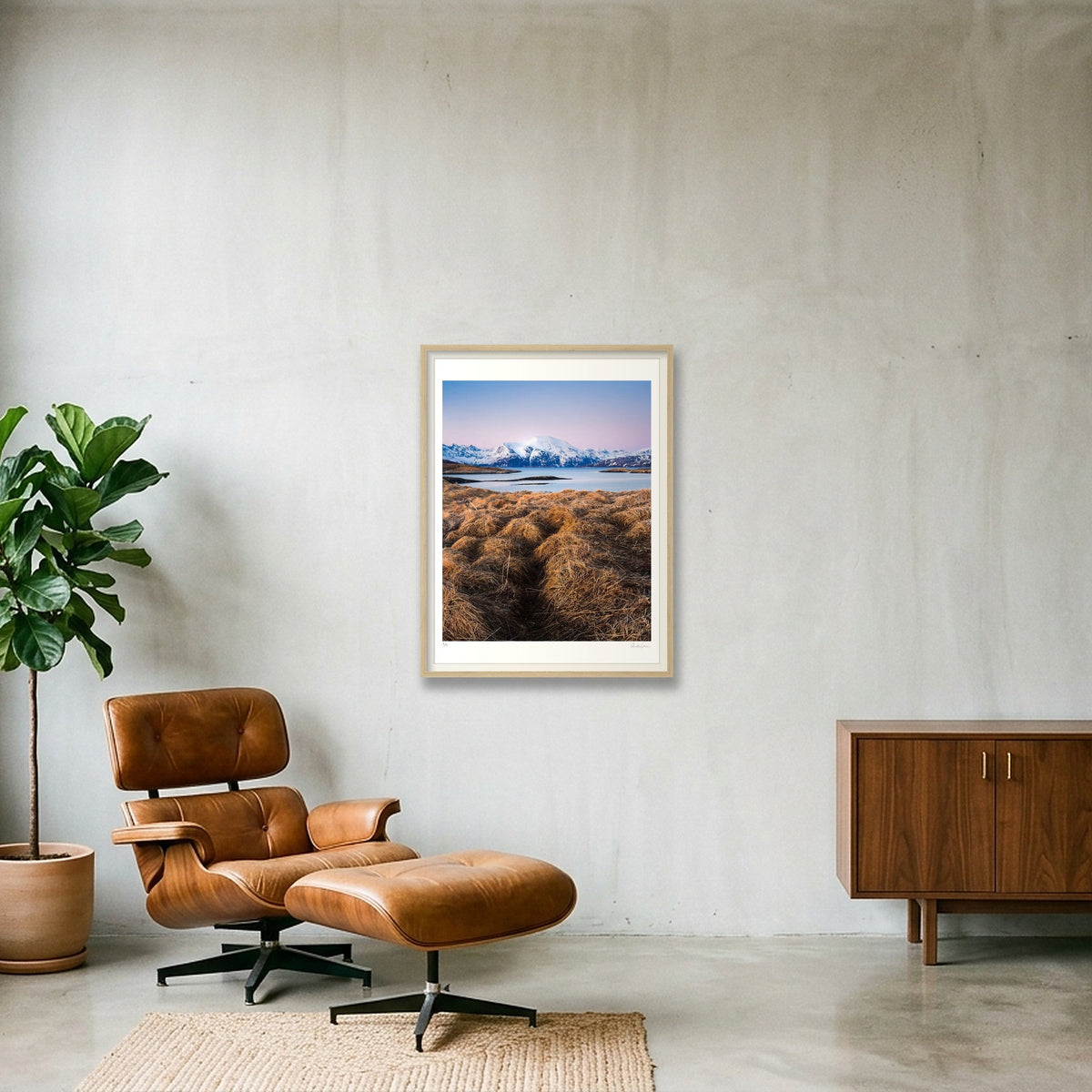 Snow Covers Mountains at Sunset, Norway — 60×80cm Oak Frame