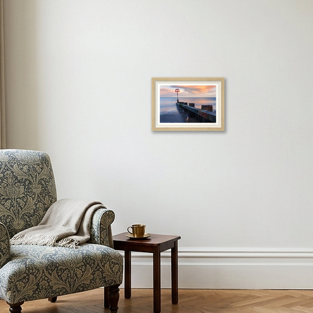 Coastal Groin at Sunset — A4 (30×21cm) Oak Frame