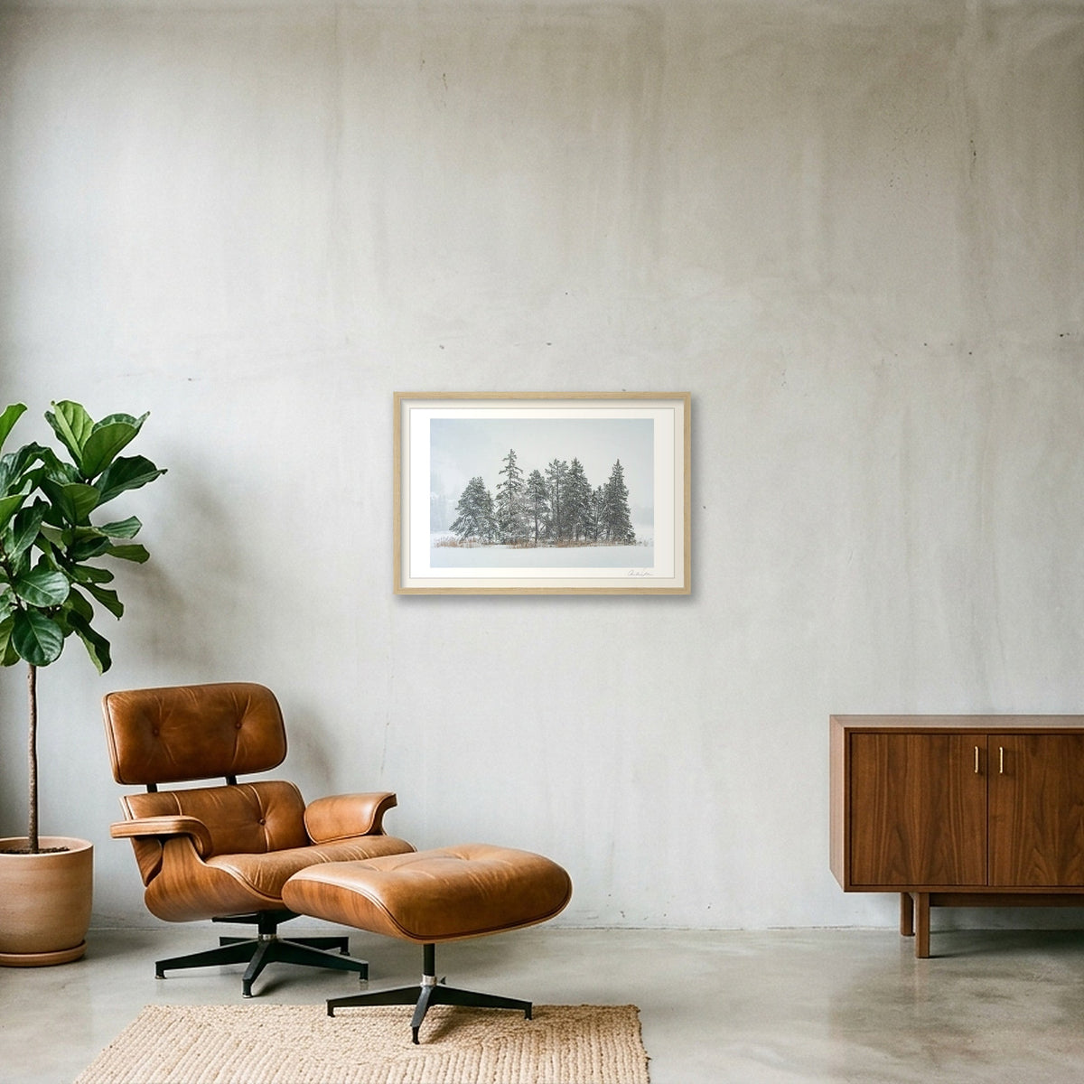 Heavy Snowfall on Alpine Pines — 60×40cm Oak Frame